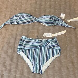 Teal and Navy Striped Bandeau Top and button